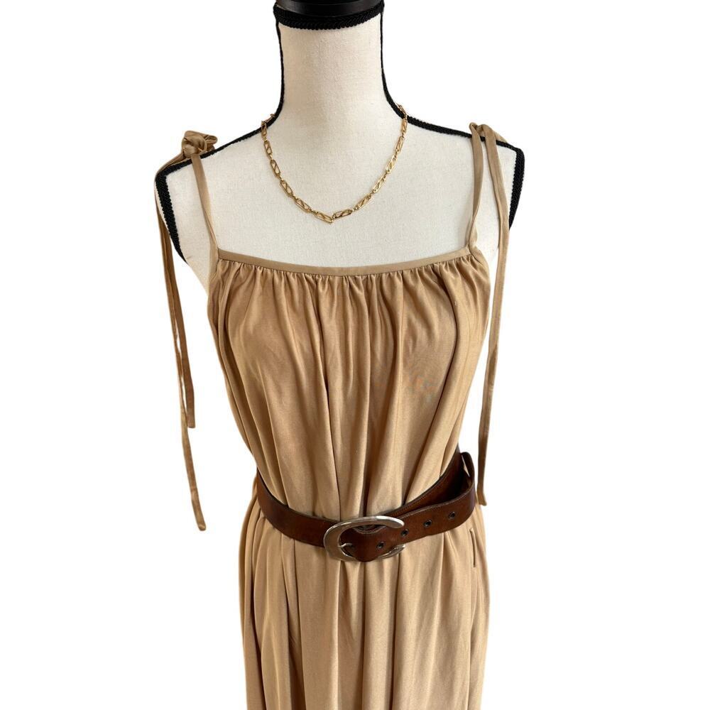 Women’s 100% Silk Maxi Dress Large Tan Gold Sheer Flowy Spaghetti Strap Women’s - Picture 3 of 8
